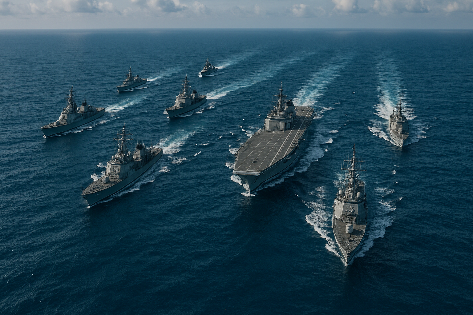 [Bild einer Flotte von Kriegsschiffen aus der Vogelperspektive in Formation]