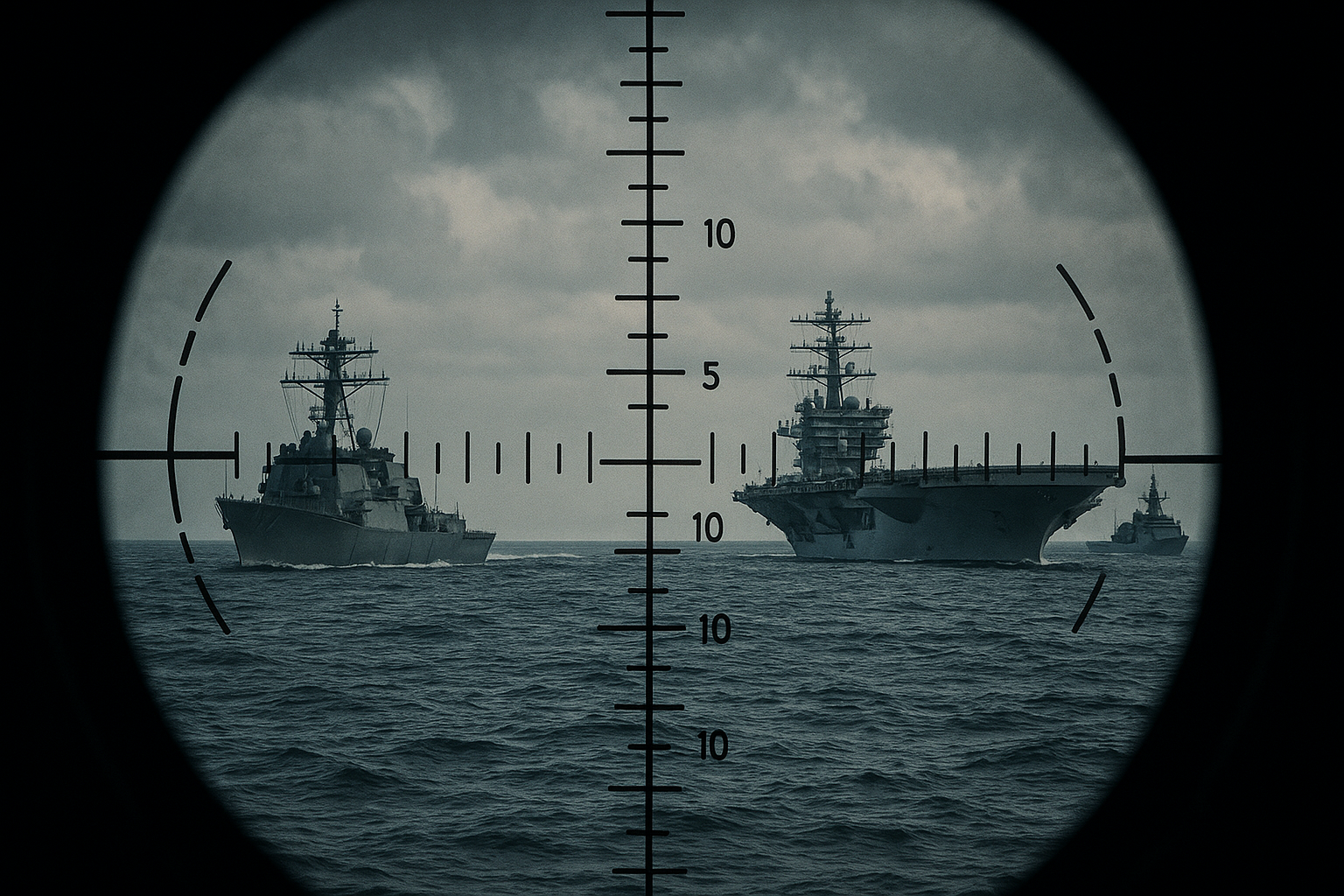 [Bild aus der Sicht eines U-Boot-Periskops, das feindliche Schiffe anvisiert]